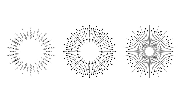 Set abstract collection round circles starburst sunburst sunset black line doodle design elements