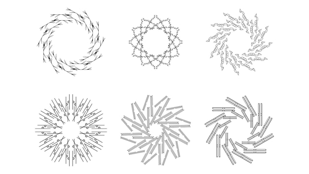 Set Abstract Collection Round Circles Starburst Sunburst Sunset Black Line Doodle Design Elements