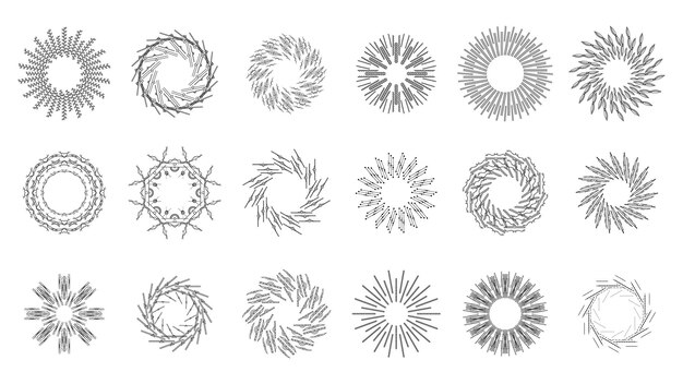 Set Abstract Collection Round Circles Starburst Sunburst Sunset Black Line Doodle Design Elements