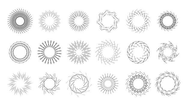 Вектор Абстрактная коллекция круглые круги сет звездный взрыв солнечный взрыв закат черная линия дудл элементы дизайна