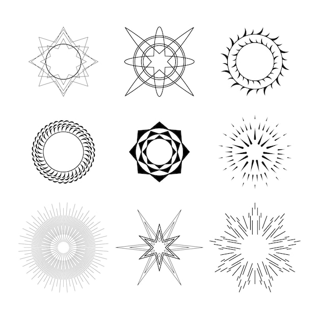 Vector set abstract collection round circles starburst sunburst sunset black line doodle design elements