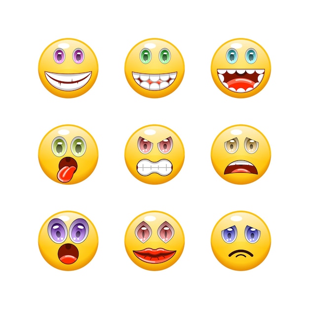 Set Abstract Collection Yellow faces Emotiocons Vector Design Style Icons Face Expression