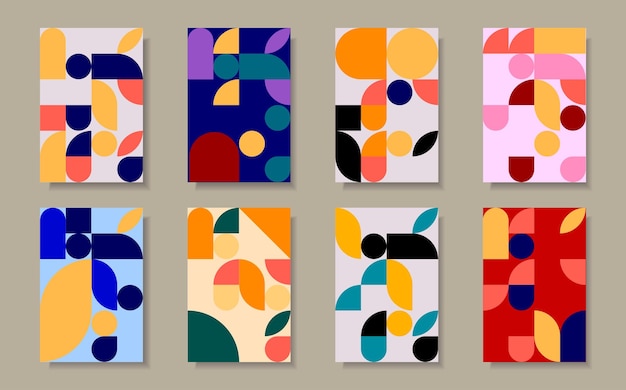 웹 배너 및 인쇄용 추상적인 다채로운 기하학적 바우하우스 패턴 배경 디자인 세트