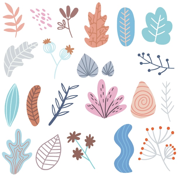 Vector set of abstract colorful leaves vector isolated elements on a white background flat design