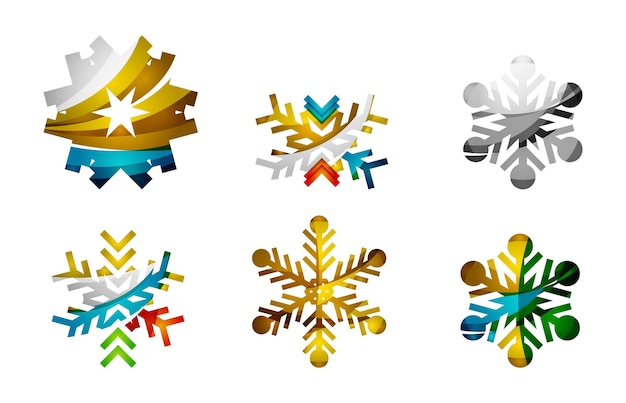 Set of abstract colorful snowflake logo icons winter concepts clean modern geometric design