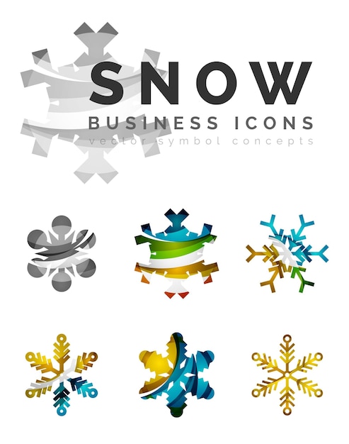 Set of abstract colorful snowflake logo icons winter concepts clean modern geometric design