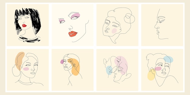 Set of abstract continuous line face person vector illustration collection