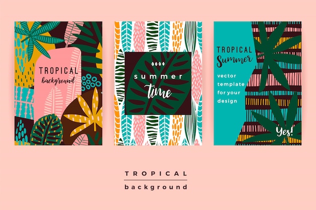 Set of abstract creative templates with tropical leaves.