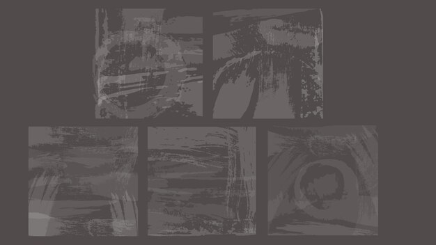 Vector set of abstract dark square grunge retro backgrounds with textures of scratches and scuffs and stains with strokes of watercolor ink paint on a transparent background