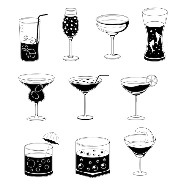 Set Abstract Doodle Elements Hand Drawn Collection Drink Beverages Cocktails Alcohol Sketch Vector