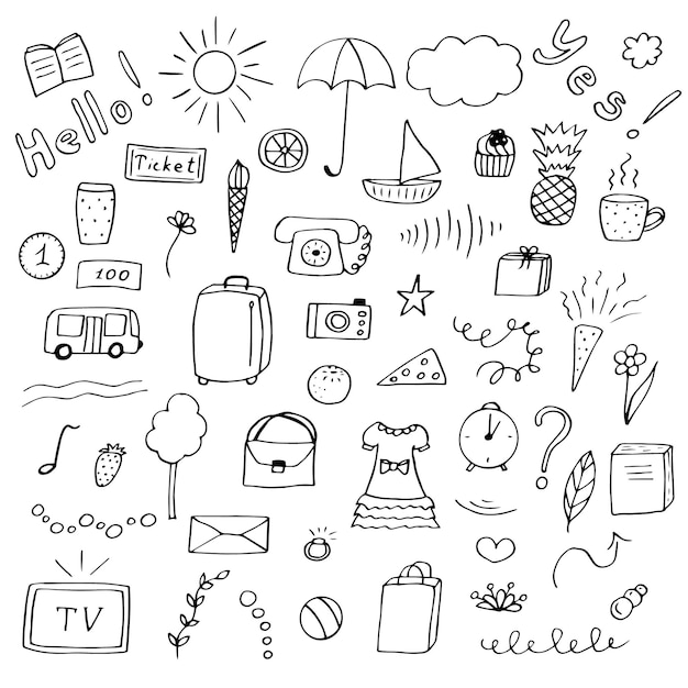 Set of abstract doodles on various topics vector illustration, hand drawing sketch