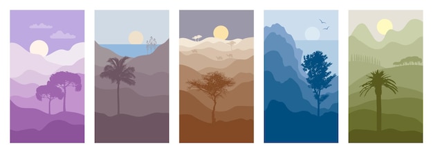 Set of abstract evening landscapes desert with camels hills\
mountains lake sea sun silhouettes of trees