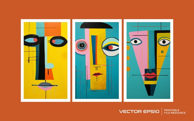 Vector set of abstract face wall decoration vector template in retro and vintage style