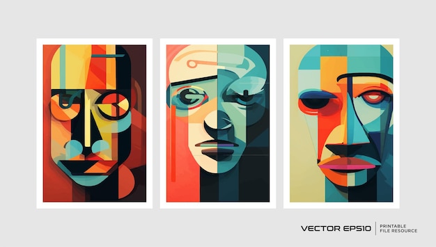 Vector set of abstract face wall decoration vector template in retro and vintage style