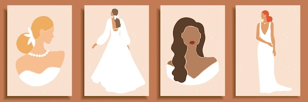 Vector set of abstract female shapes and silhouettes. abstract women portraits in wedding dresses in pastel colors.