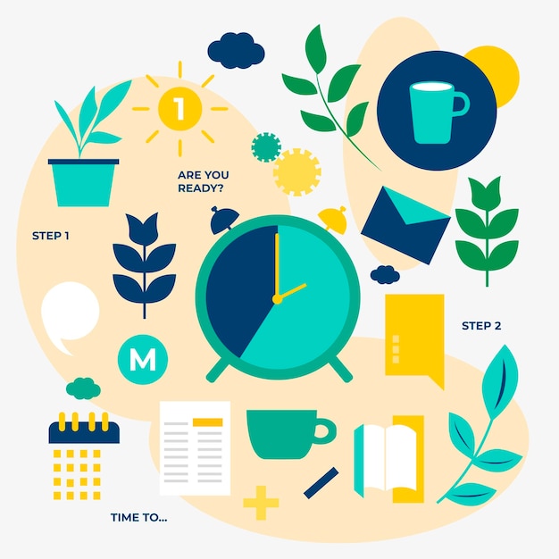 Набор абстрактных плоских иконок, связанных с повседневной работой Иллюстрация с часами, растениями, кофе