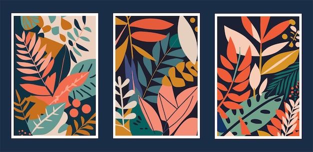 Set of abstract floral posters with leaves and flowers Vector illustration