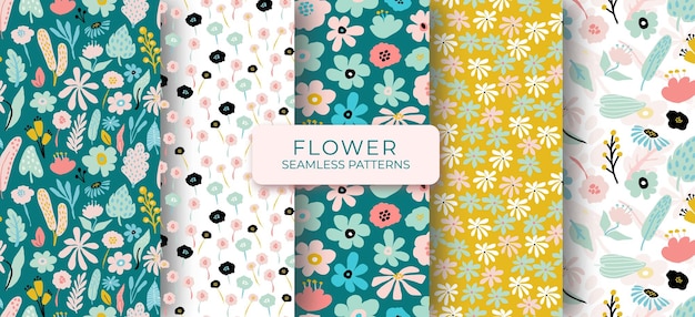 Set of abstract floral seamless patterns