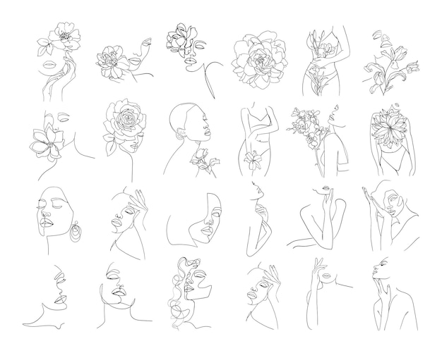 1行スタイルの抽象的な花と体の顔のセットベクトル図