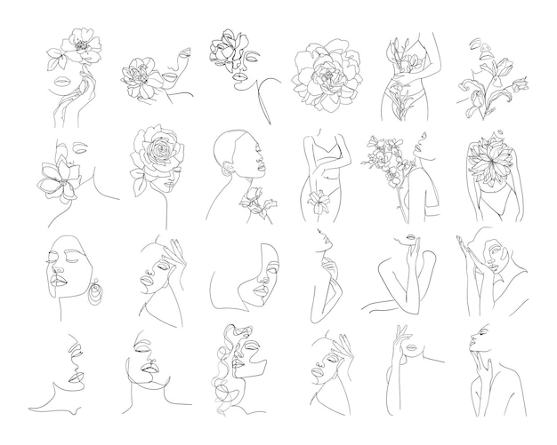 Set of abstract flowers and body face in one line style  vector illustration