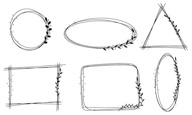 Set abstract frame with leaves. Hand draw doodle frame with botanic. Vector illustration.