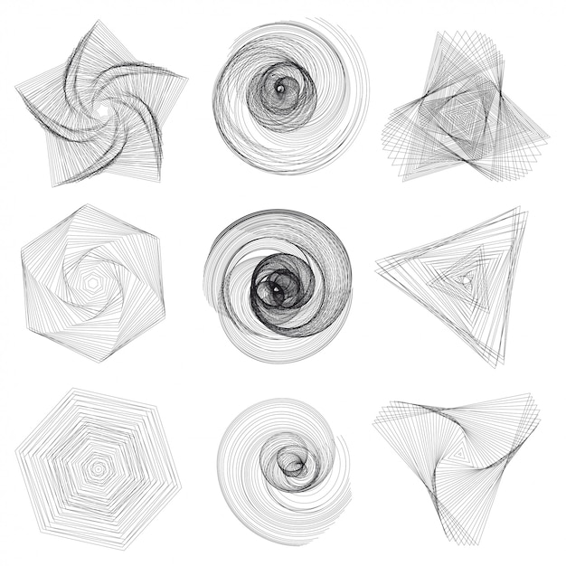 Insieme di elementi geometrici astratti e forme su sfondo bianco.