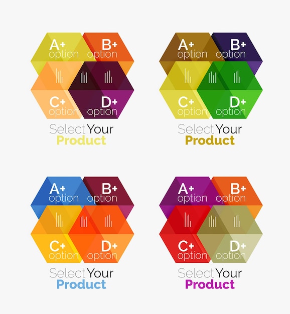 옵션 및 텍스트가 있는 추상적인 기하학적 육각형 디자인 세트