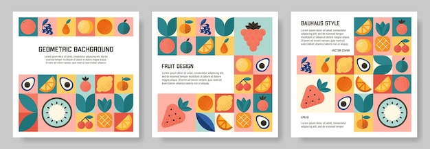 Vector set of abstract geometric pattern background in bauhaus style with various fruits and berries