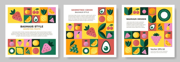 Set of Abstract geometric pattern background in Bauhaus style with various fruits and berries