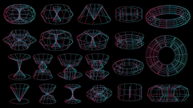 サイバーパンクスタイルの抽象的な幾何学的な技術要素のセットレトロなヴィンテージコレクション3d仮想デジタルデザインテクスチャ80svr未来的なメタバースパターンベクトル分離テンプレート背景