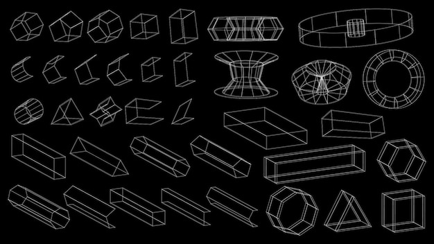 사이버 펑크 스타일의 추상 기하학적 기술 요소 집합 레트로 빈티지 컬렉션 3d 가상 디지털 디자인 질감 80 년대 vr 미래 메타버스 패턴 벡터 격리 템플릿 배경