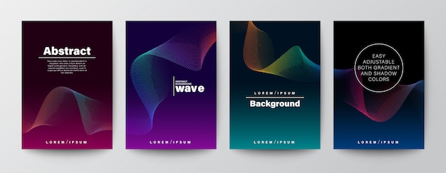 Set of abstract gradient colorful wave shape on dark background.