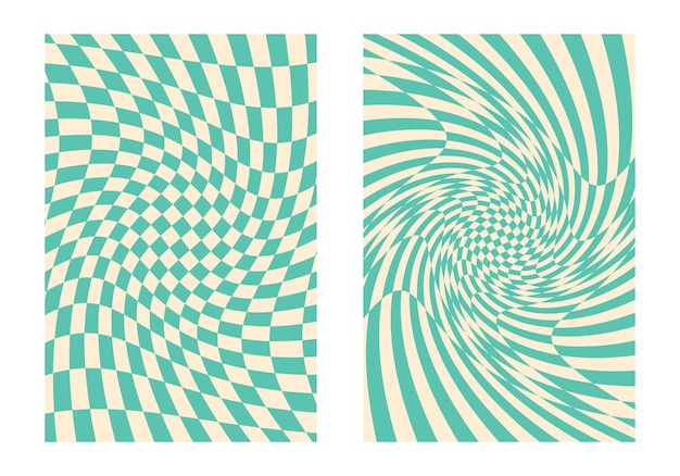 Set of abstract groovy green checkered backgrounds in retro style