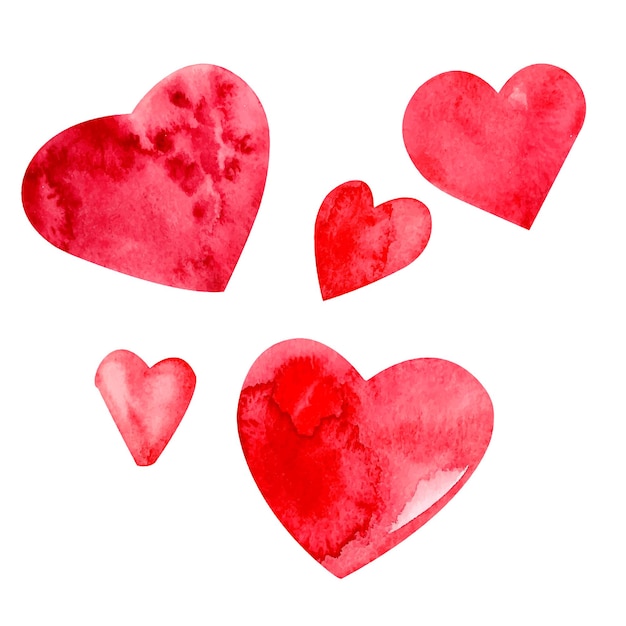 Set abstract hand drawn watercolor red hearts isolated