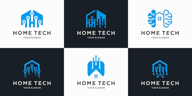 set of abstract home tech logo with line art style design