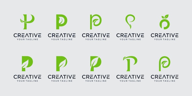 Set of abstract initial letter P logo template. icons for business of nature, organic