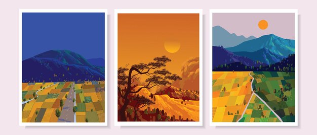 Set of abstract landscape view background vector illustration Mountains range lake river beach