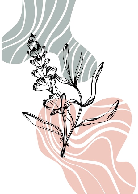 スケッチで壁の装飾のミニマリストの花のための抽象的なラベンダー手描きイラストのセット