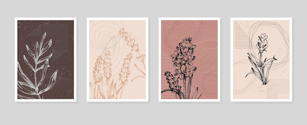 Set of Abstract Lavender Hand Painted Illustrations for Wall Decoration, minimalist flower in sketch