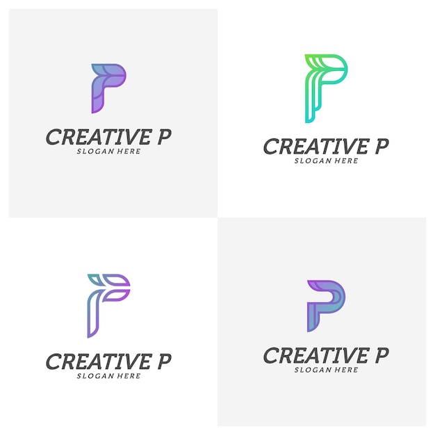 分離されたコーポレートアイデンティティデザイン、クリエイティブPロゴデザインテンプレートベクトルの抽象的な文字Pロゴアイコンのセット