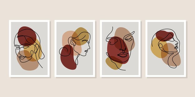 Set of abstract modern contamporary face portrait Hand drawn vector illustration in modern minimal style Continuous line art design for print cover wallpaper Minimal and natural wall art