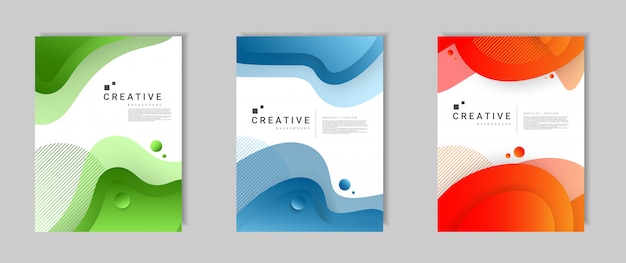 Set of abstract modern cover template with dynamical colored forms and waves