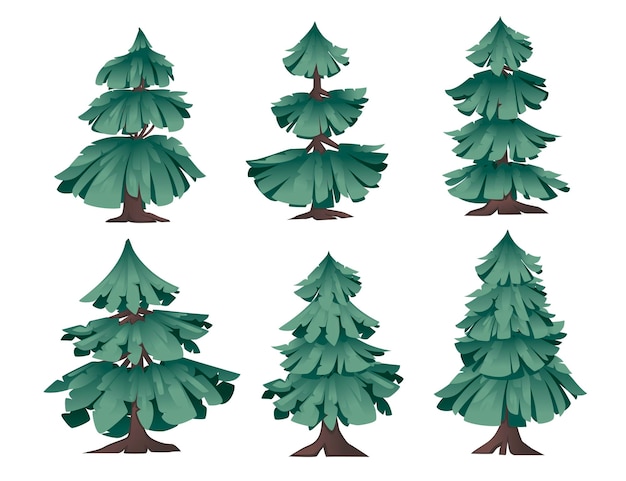 Set of abstract modern stylized coniferous green trees flat vector illustration isolated on white background.