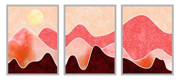 Set of abstract mountain painting. abstract art background. premium vectors