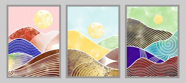 Set of abstract mountain painting. abstract art background. Premium Vectors