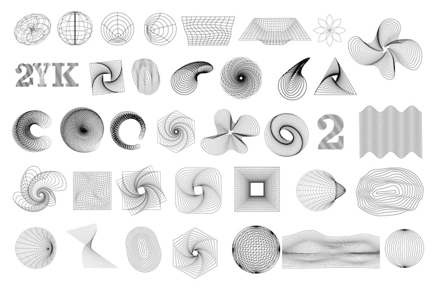 Set of abstract outline y2k geometric wireframe elements shapes Retro elements