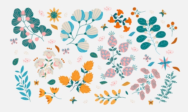 Set of abstract painted leaves and flowers