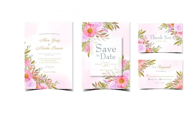 set of abstract pink wedding invitation with gorgeous flowers