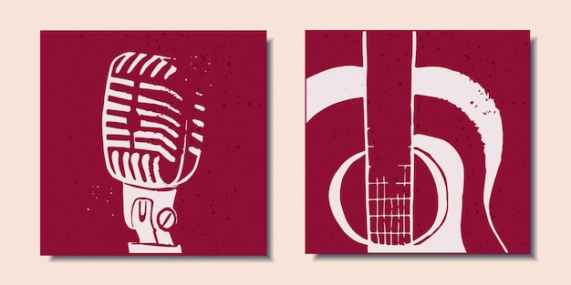 set of abstract posters microphone guitar