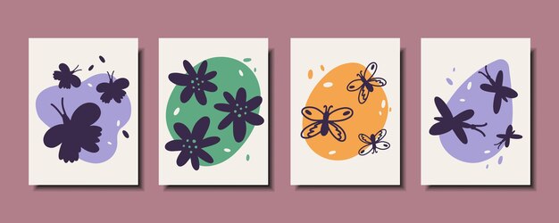 Vector set of abstract posters with butterflies and flowers